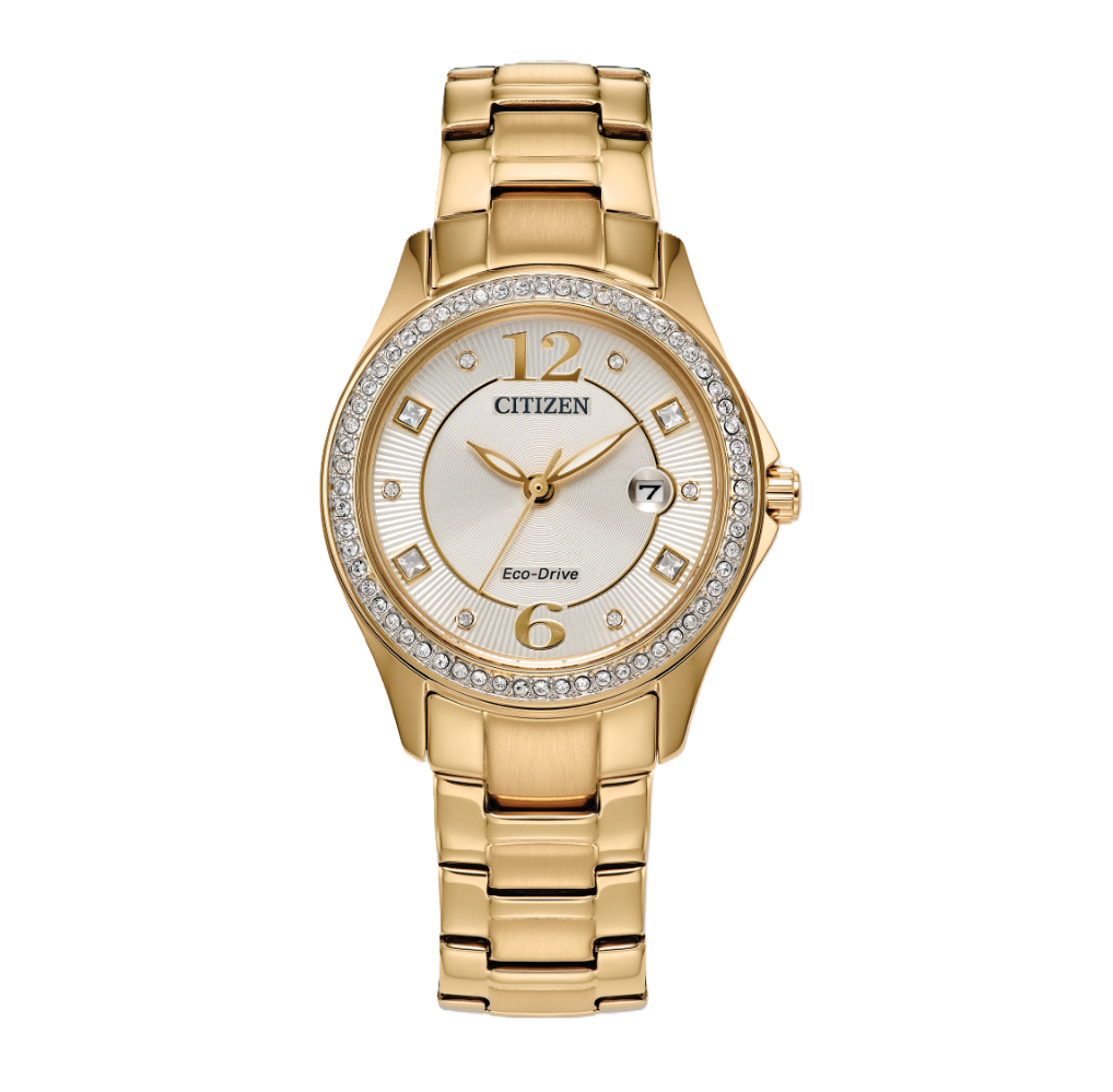 CITIZEN CRYSTAL | LADIES ECO-DRIVE WATCH | GOLD-TONE STAINLESS STEEL | CHAMPAGNE DIAL | FE1147-79P - Brownee Jewelers
