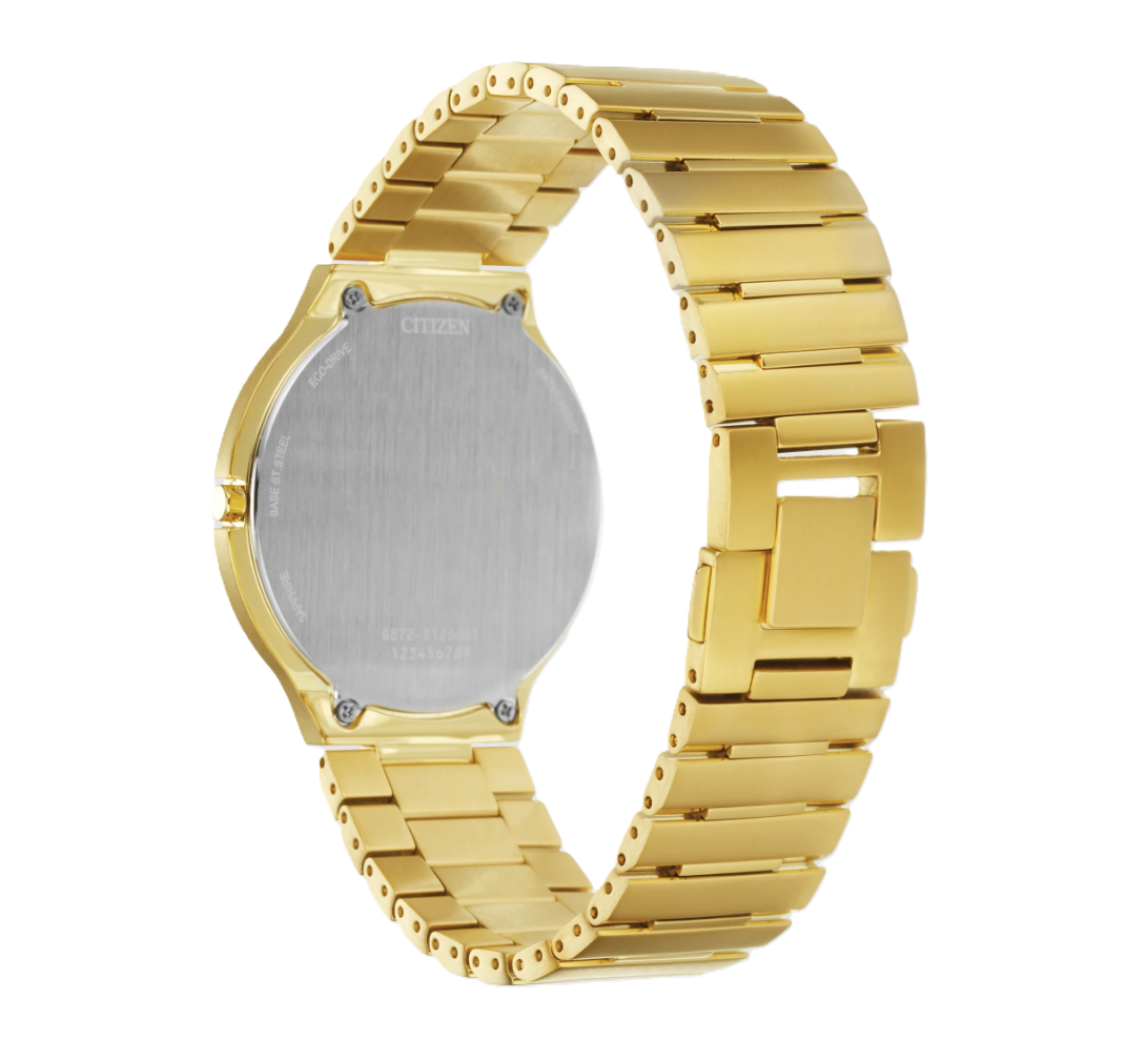 CITIZEN STILETTO | UNISEX ECO-DRIVE WATCH | GOLD-TONE STAINLESS STEEL | BLACK DIAL | AR3112-57E - Brownee Jewelers