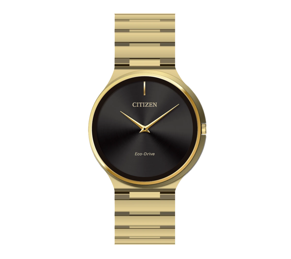 CITIZEN STILETTO | UNISEX ECO-DRIVE WATCH | GOLD-TONE STAINLESS STEEL | BLACK DIAL | AR3112-57E - Brownee Jewelers