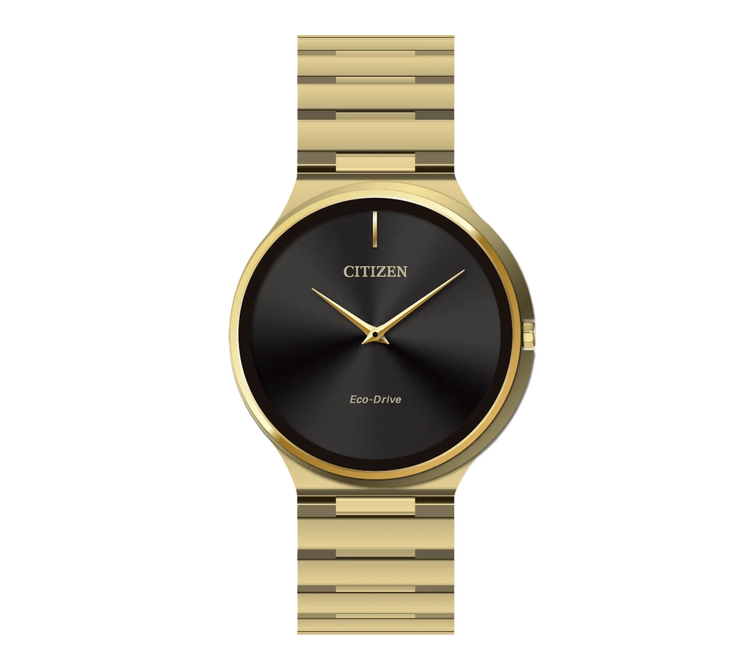CITIZEN STILETTO | UNISEX ECO-DRIVE WATCH | GOLD-TONE STAINLESS STEEL | BLACK DIAL | AR3112-57E - Brownee Jewelers