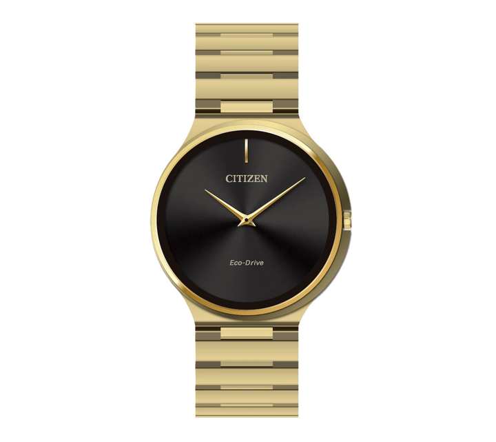 CITIZEN STILETTO | UNISEX ECO-DRIVE WATCH | GOLD-TONE STAINLESS STEEL | BLACK DIAL | AR3112-57E - Brownee Jewelers