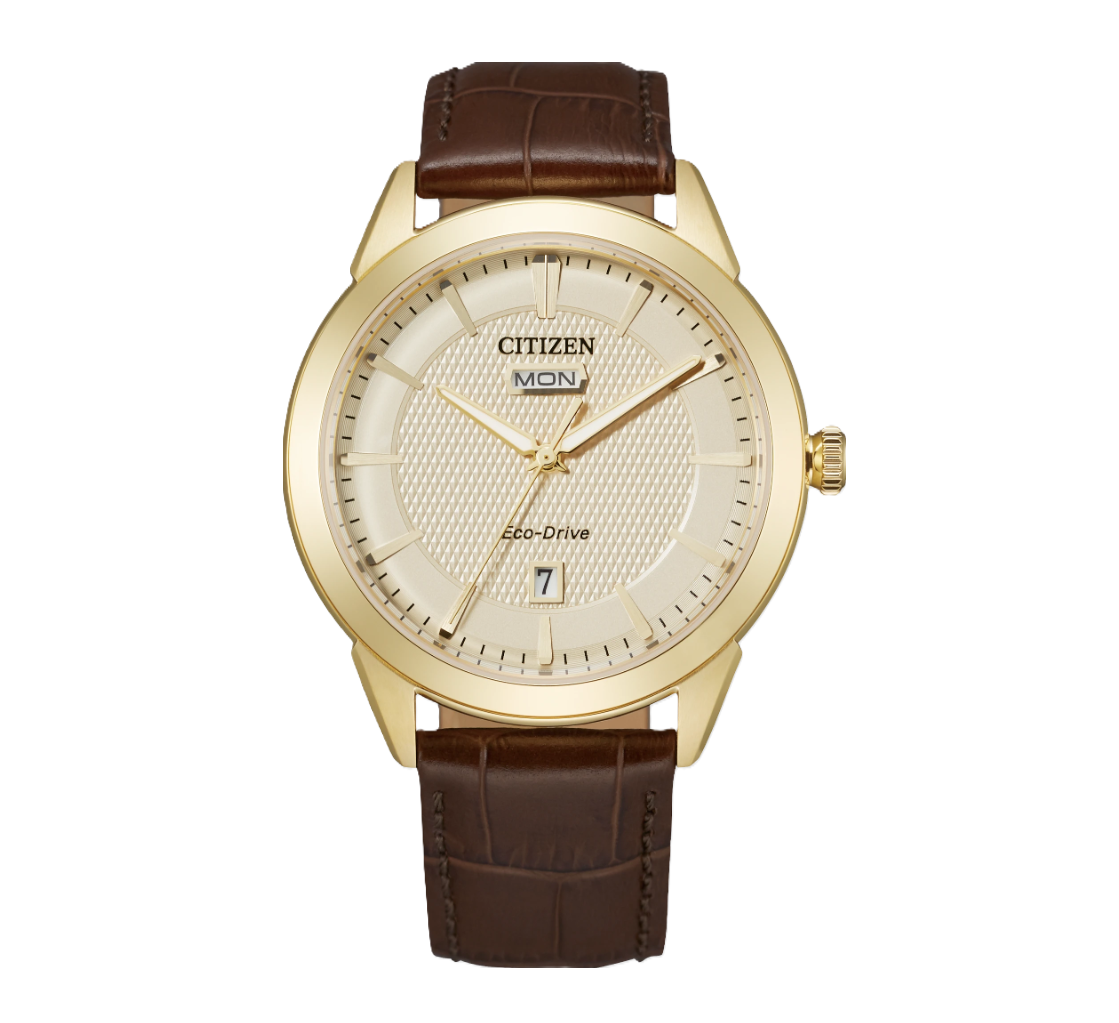 CITIZEN ROLAN | MEN'S ECO-DRIVE WATCH | BROWN LEATHER | CHAMPAGNE DIAL | AW0092-07Q - Brownee Jewelers