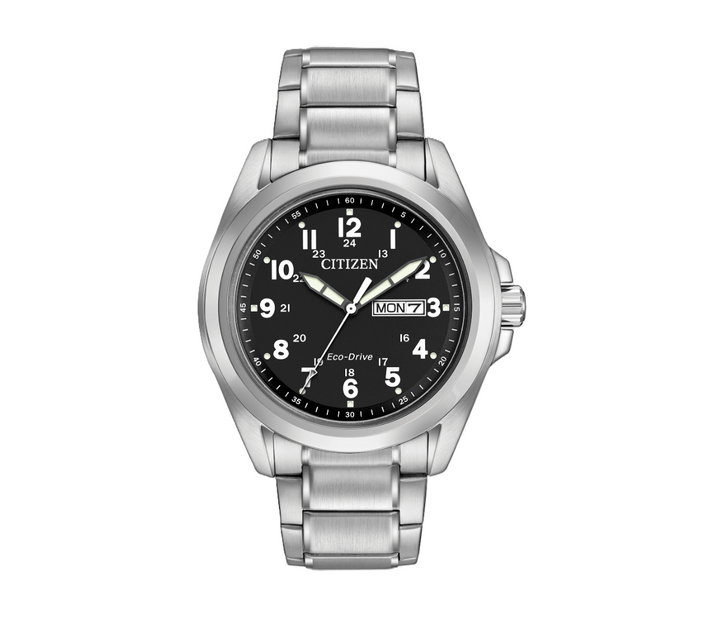 CITIZEN GARRISON | MEN'S ECO-DRIVE WATCH | STAINLESS STEEL | BLACK DIAL | AW0050-82E - Brownee Jewelers