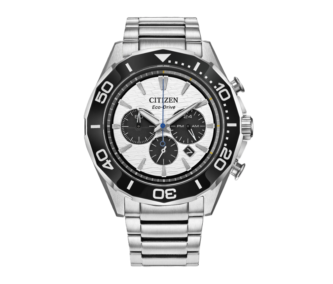 Endeavor Chrono | Eco-Drive Chronograph Watch | Stainless Steel | White Dial | WR100 Bracelet Sport Design | CA4730-59A - Brownee Jewelers