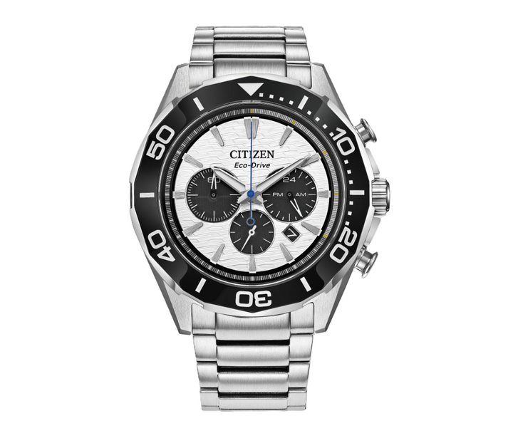 Endeavor Chrono | Eco-Drive Chronograph Watch | Stainless Steel | White Dial | WR100 Bracelet Sport Design | CA4730-59A - Brownee Jewelers