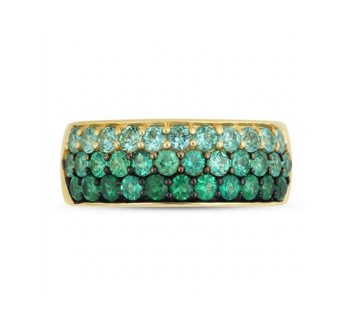 .94 TOTAL CARAT WEIGHT ROUND EMERALD 3 ROW OMBRE PAVE RING IN 14K YELLOW GOLD
