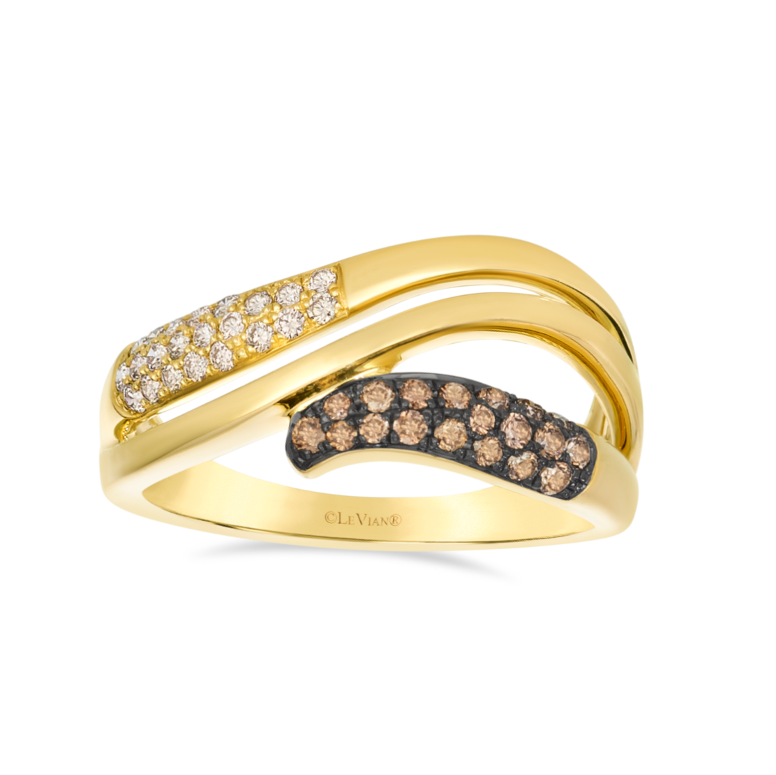 .38 TOTAL CARAT WEIGHT ROUND WHITE AND CHOCOLATE DIAMOND PAVE WIDE RING IN 14K YELLOW GOLD