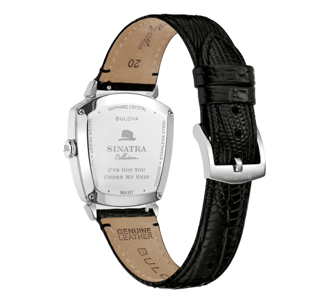 Bulova Frank Sinatra Men's Quartz Movement Watch with Trapezoidal Case, Black Leather Strap, White Dial, and Rose Gold-Tone Hands and Markers