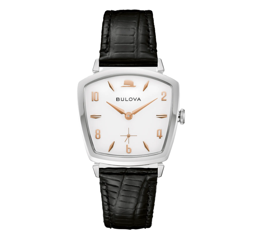 Bulova Frank Sinatra Men's Quartz Movement Watch with Trapezoidal Case, Black Leather Strap, White Dial, and Rose Gold-Tone Hands and Markers