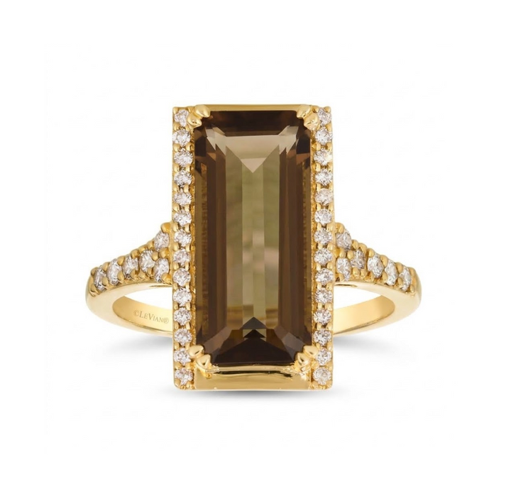 4.25 TOTAL CARAT WEIGHT EMERALD CUT CHOCOLATE QUARTZ WITH .36 TOTAL CARAT WEIGHT ROUND SIDE DIAMONDS RING IN 14K YELLOW GOLD