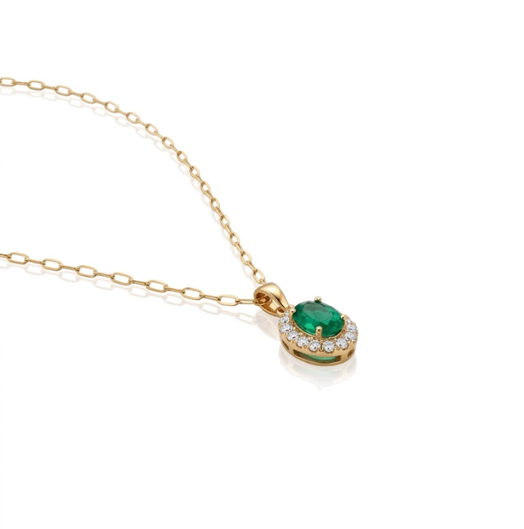 Oval Emerald with Round Diamond Halo Necklace in 14kt Yellow Gold