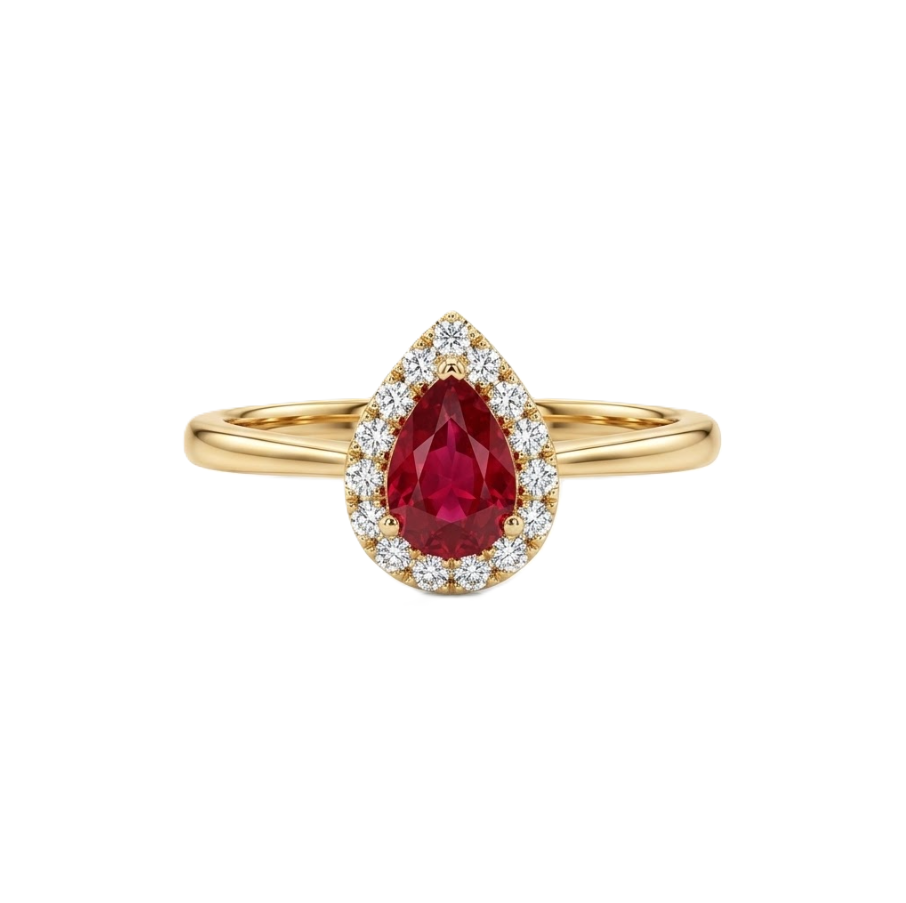 Pear-Shaped Ruby and Round Diamond Halo Ring in 14kt Yellow Gold