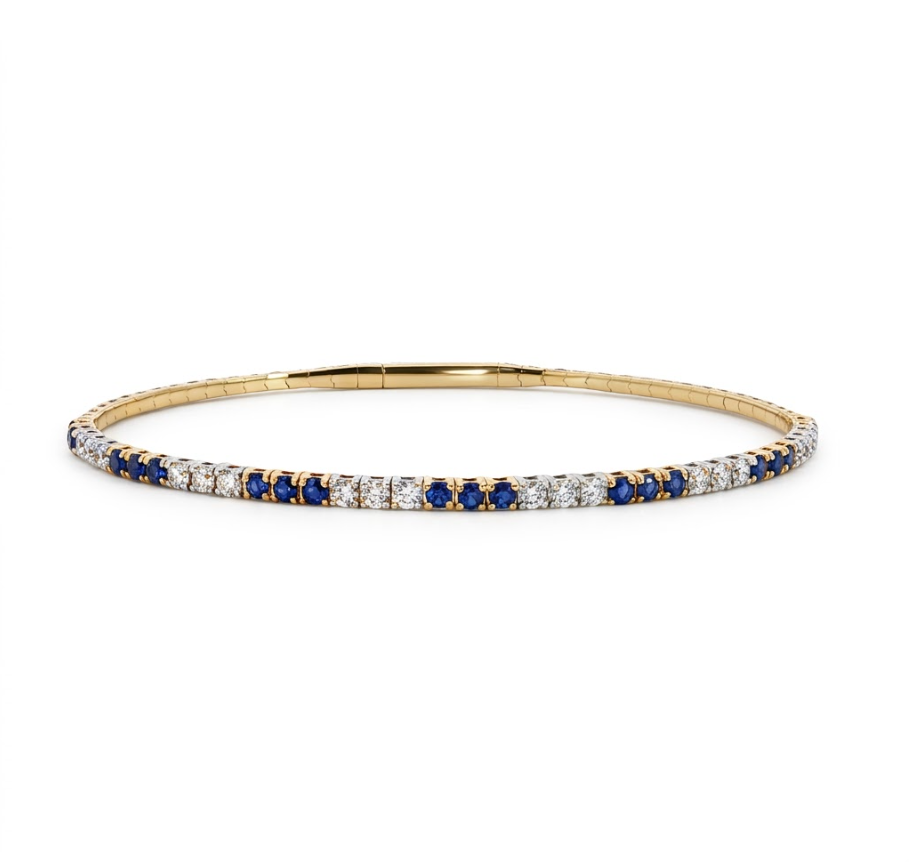 Alternating 3 Round Sapphires and Diamonds on a Thin 14kt Two-Tone Bangle