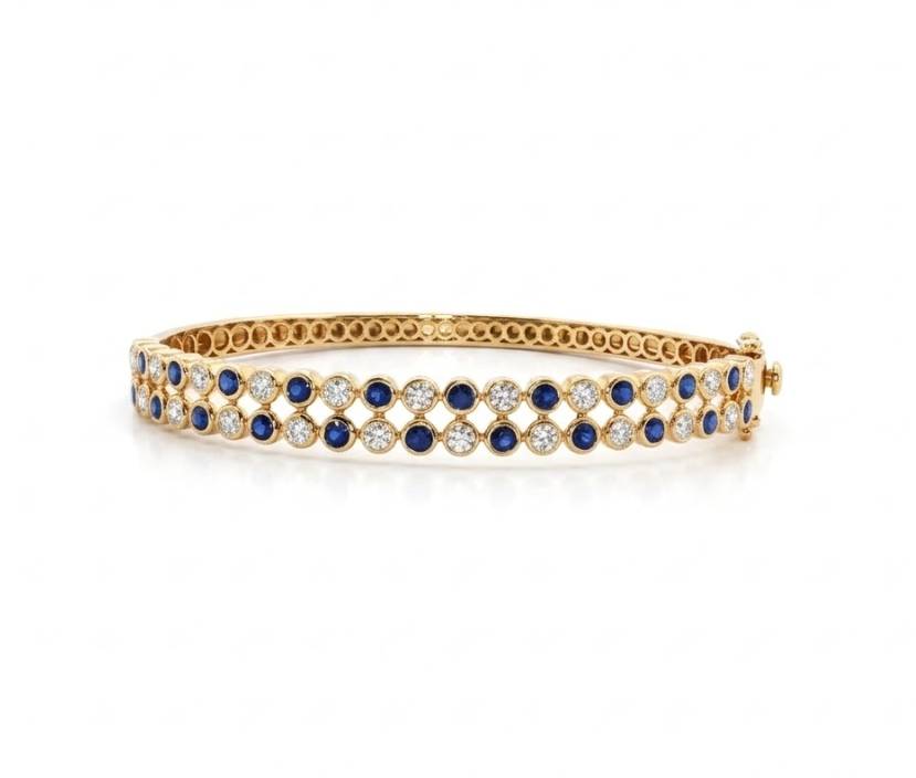 Round Diamond and Blue Sapphire Bangle in 14kt Yellow Gold