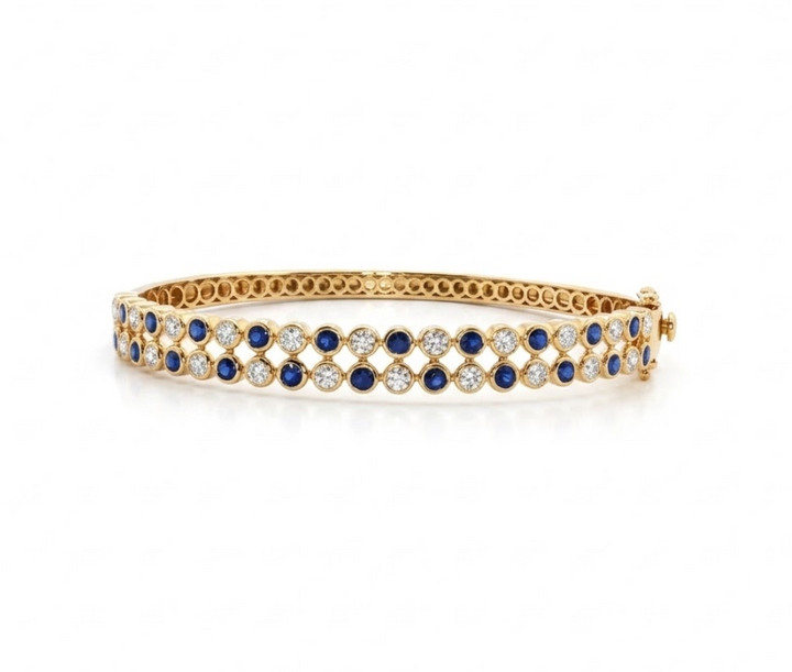 Round Diamond and Blue Sapphire Bangle in 14kt Yellow Gold