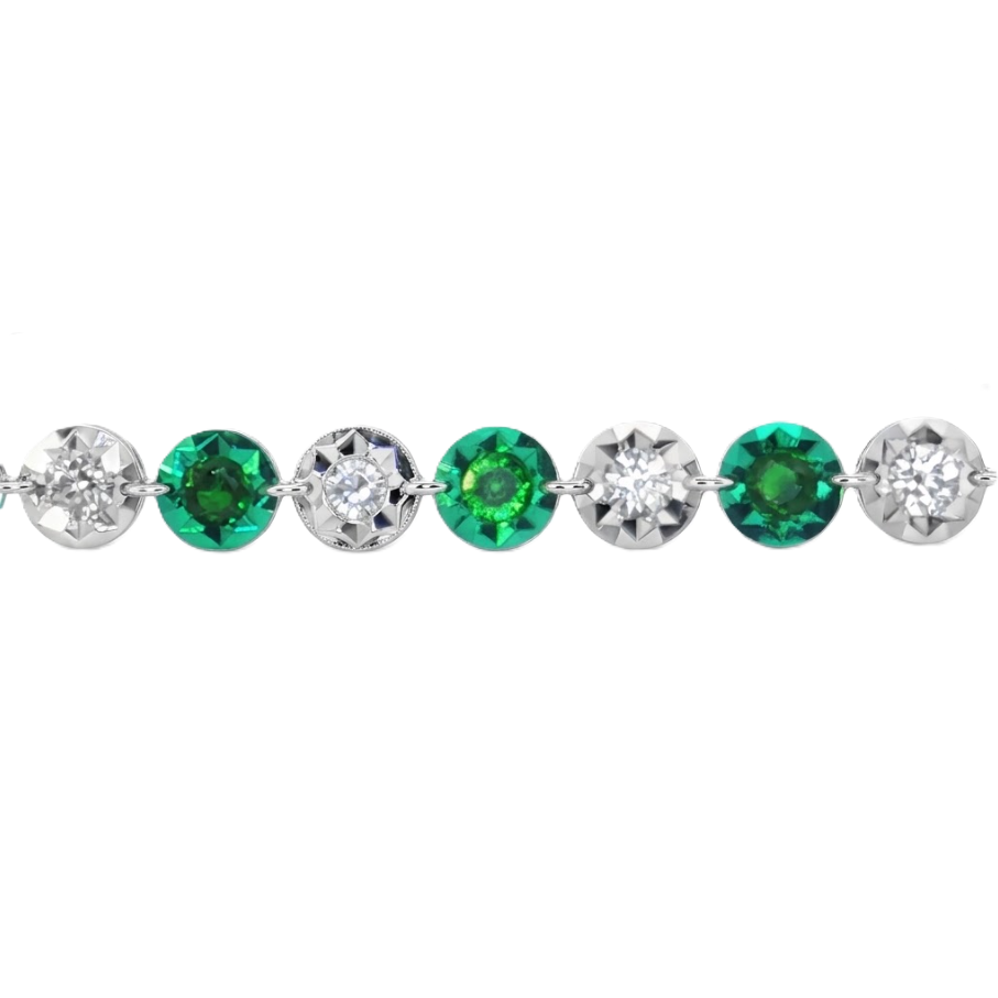 14 karat white and green gold diamond and garnet tennis bracelet 