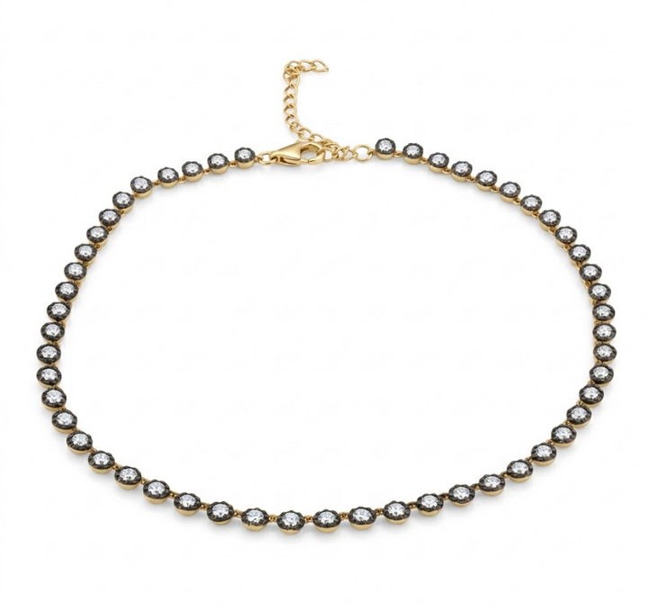 14kt yellow gold white topaz tennis necklace with black coated prongs