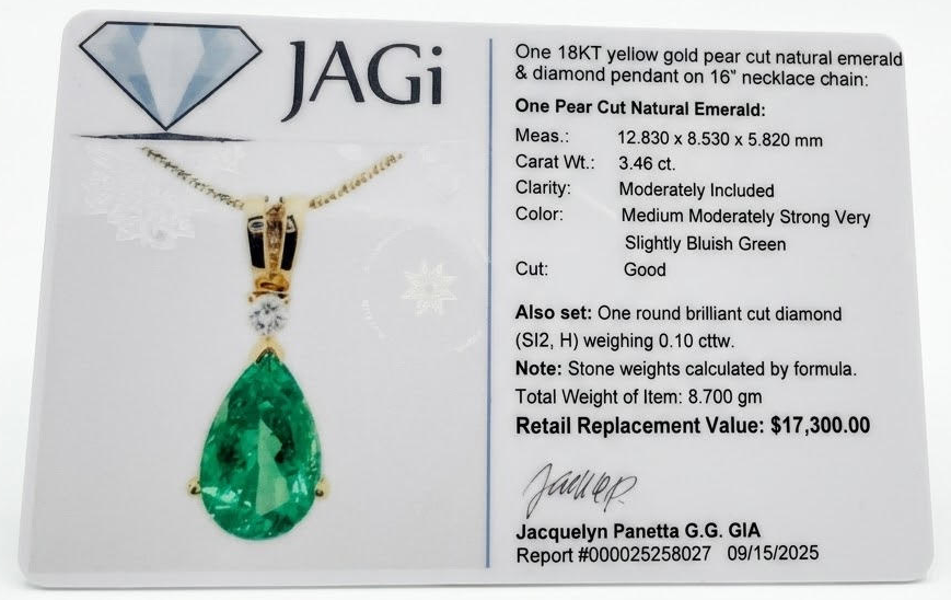 3.46 Carat Pear-Shaped Emerald and .10 Carat Round Diamond Pendant in 18kt Yellow Gold