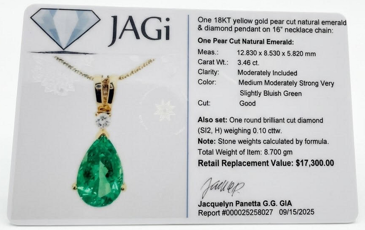 3.46 Carat Pear-Shaped Emerald and .10 Carat Round Diamond Pendant in 18kt Yellow Gold