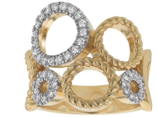 .28 Carat Round Diamonds in Circles and Twisted Circles Wide Ring all in 14kt Yellow Gold