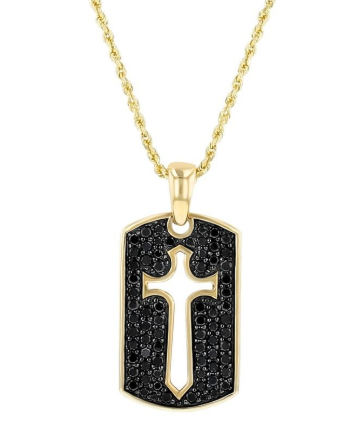 1 Total Carat Weight Pave Round Black Diamonds in Sword Cut Out with 1.8 Millimeter Hollow Box Chain all in 14kt Yellow Gold