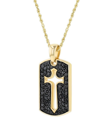 1 Total Carat Weight Pave Round Black Diamonds in Sword Cut Out with 1.8 Millimeter Hollow Box Chain all in 14kt Yellow Gold