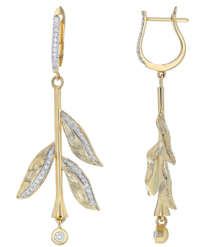 leaf dangle earrings yellow gold and diamonds 