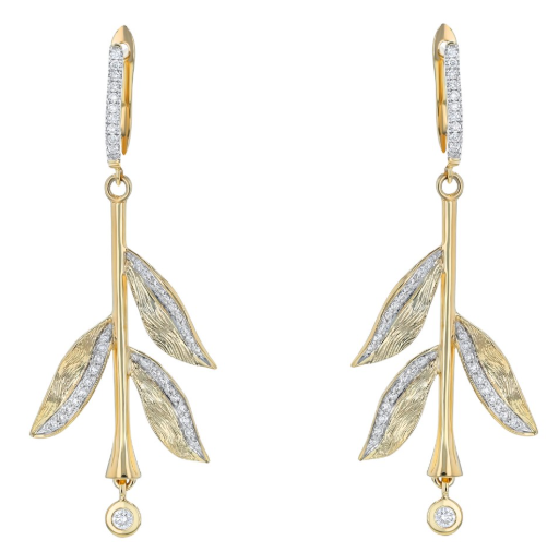 leaf dangle earrings yellow gold and diamonds 