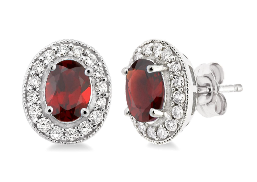 oval garnet earrings with diamond halos