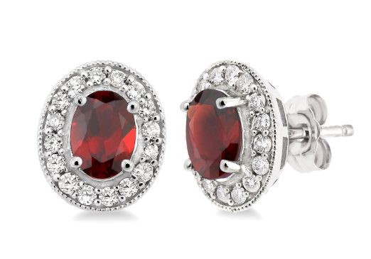 oval garnet earrings with diamond halos