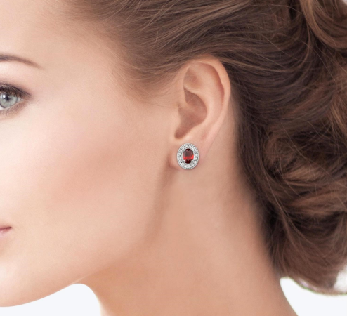 oval garnet earrings with diamond halos