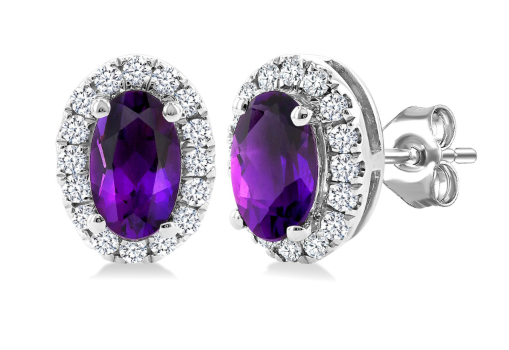 10K White Gold Amethyst & Diamond Halo Stud Earrings – .13 CTW