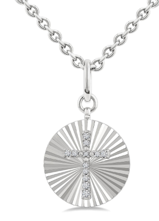 Silver diamond Cross on a round Diamond cut medallion 