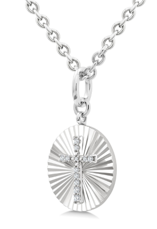 Silver diamond Cross on a round Diamond cut medallion 