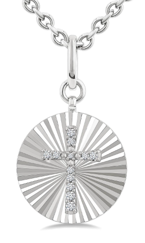 Silver diamond Cross on a round Diamond cut medallion 