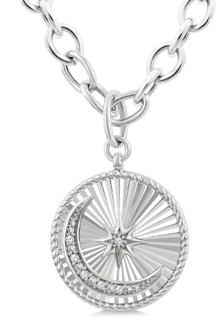 silver diamond crescent moon on a diamond cut medallion