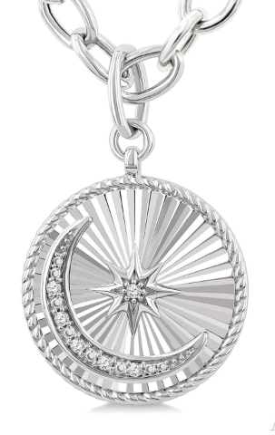 silver diamond crescent moon on a diamond cut medallion