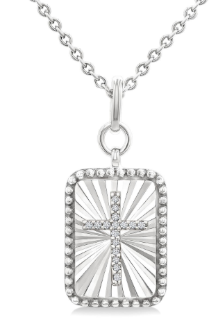 SIlver Diamond Cross on a rectangular diamond cut medallion with milgrain