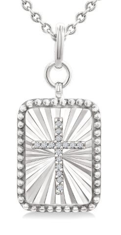 SIlver Diamond Cross on a rectangular diamond cut medallion with milgrain