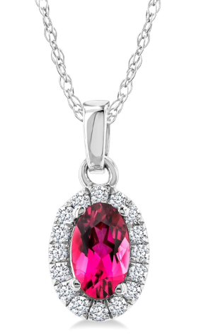 10K White Gold Oval Pink Tourmaline & Diamond Halo Pendant Necklace – 1/20 CTW