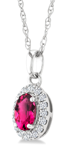 10K White Gold Oval Pink Tourmaline & Diamond Halo Pendant Necklace – 1/20 CTW