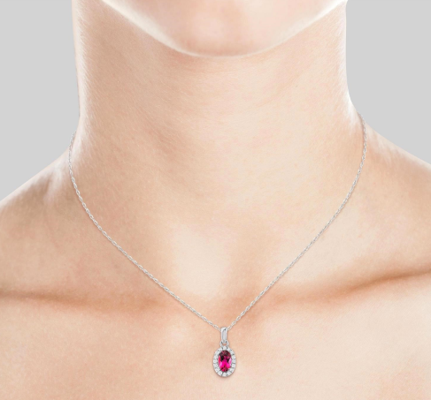 10K White Gold Oval Pink Tourmaline & Diamond Halo Pendant Necklace – 1/20 CTW