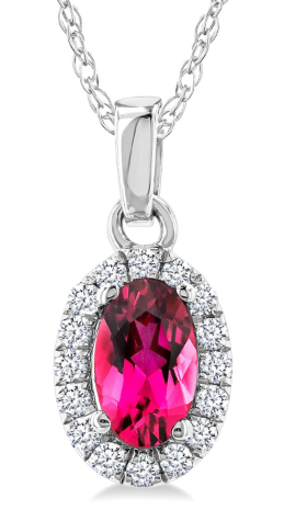 10K White Gold Oval Pink Tourmaline & Diamond Halo Pendant Necklace – 1/20 CTW