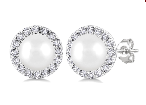 10K White Gold Pearl & Diamond Halo Stud Earrings – 1/8 CTW