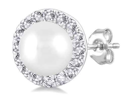 10K White Gold Pearl & Diamond Halo Stud Earrings – 1/8 CTW