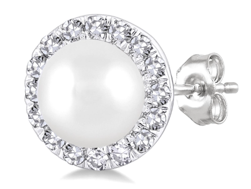 10K White Gold Pearl & Diamond Halo Stud Earrings – 1/8 CTW