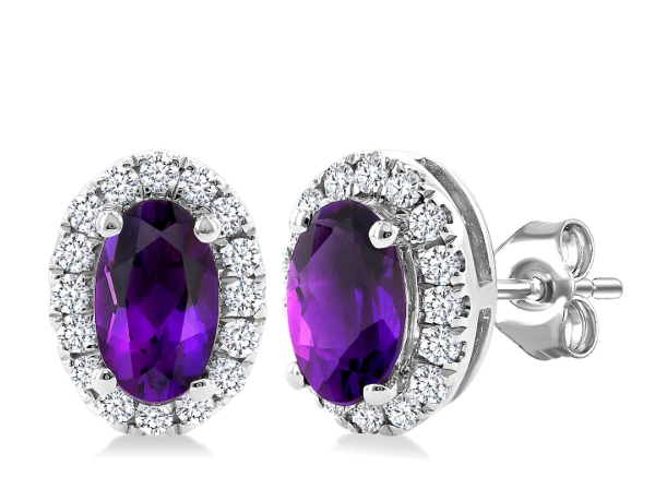 10kt white gold oval amethyst earrings in a diamond halo