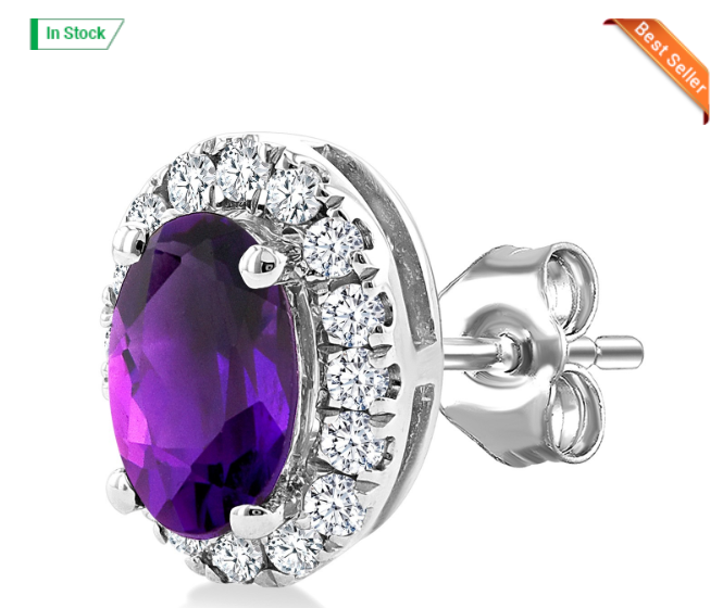 10kt white gold oval amethyst earrings in a diamond halo