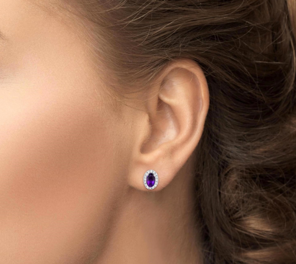 10kt white gold oval amethyst earrings in a diamond halo