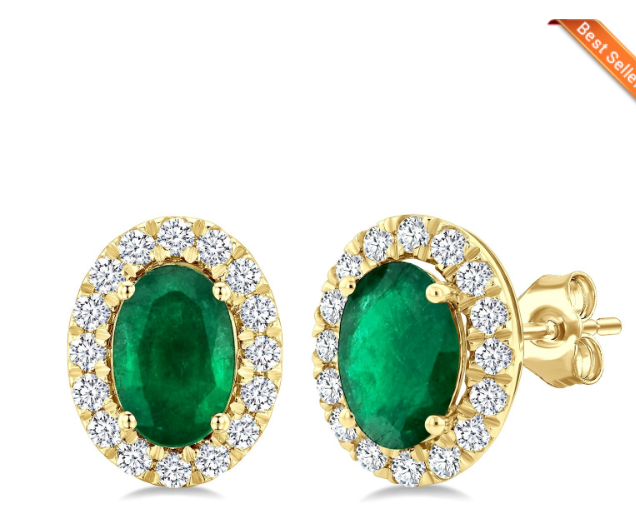 Oval Emerald Earrings in 14kt yellow gold with diamond halo
